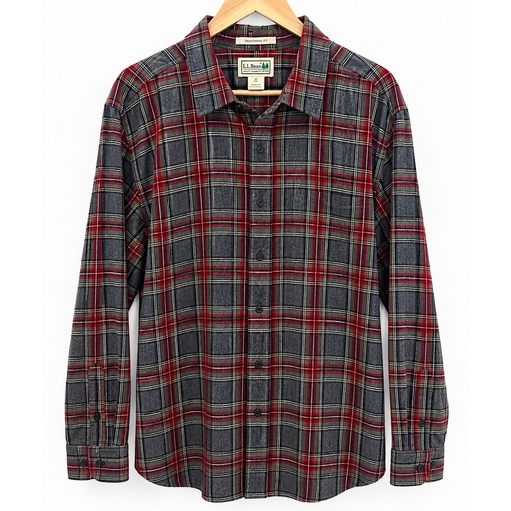 LL Bean Men XXL Tall Flannel Shirt Traditional Fit Grey Red Plaid Cabincore Farm
